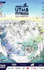 Affiche UTMB Mont-Blanc montrant une carte stylisée des parcours autour du Mont-Blanc, reliefs et villages, avec le logo UTMB et logos partenaires (Hoka, ETE 2025)